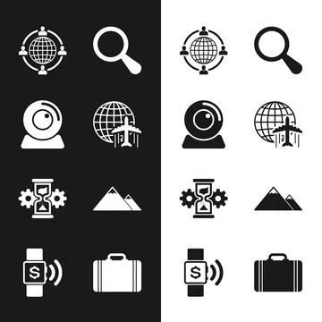 Set Globe with flying plane, Web camera, Outsourcing concept, Magnifying glass Stock Illustration