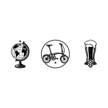 Set of globe folding bicycle and beer glass illustrations Stock Illustration