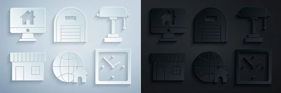 Set Globe with house symbol, Table lamp, Shopping building or market store,.. Stock Illustration