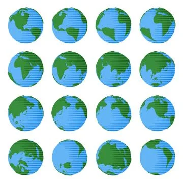 Set of globe icons with different countries and oceans in simple cartoon styl Stock Illustration