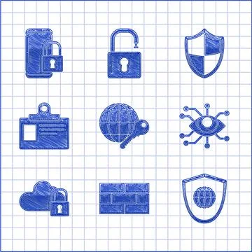 Set Globe key, Bricks, Shield with world globe, Eye scan, Cloud computing lock Stock Illustration