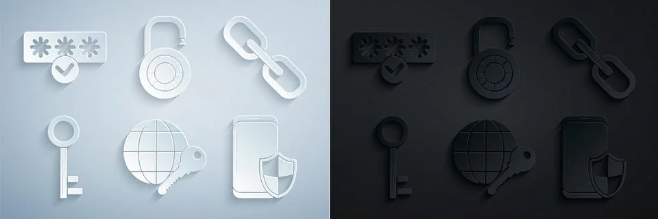 Set Globe key, Chain link, Key, Smartphone with security shield, Safe Stock Illustration