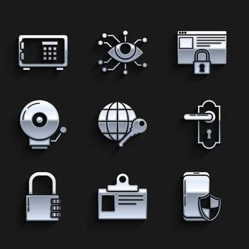 Set Globe key Identification badge Smartphone with security shield Door handl Stock Illustration