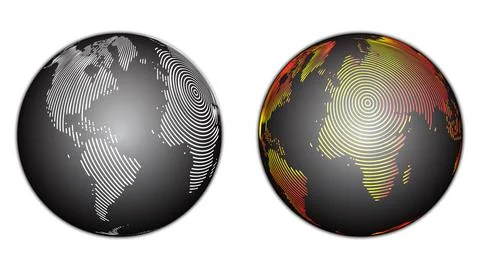 Set of globes of earth in vector round line art shape. Globes of world map .. Illustration