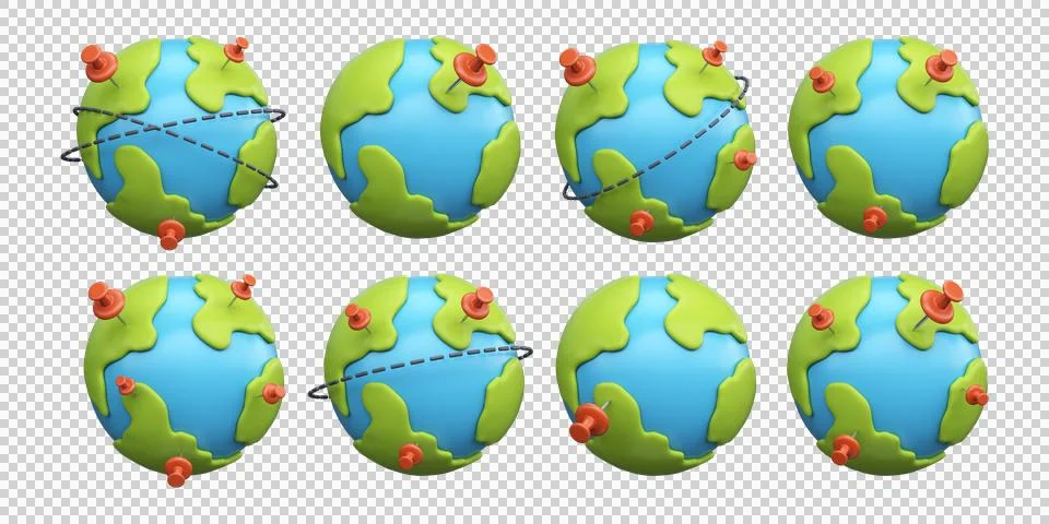 Set of Globes with location point, 3D render Stock Illustration