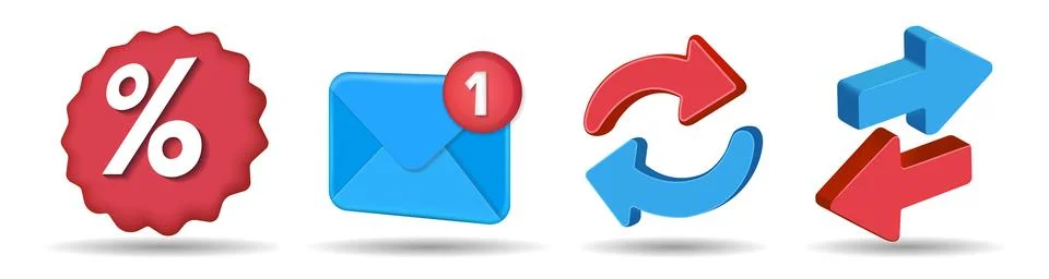 Set of glossy 3d discount, email notification, refresh, and navigation icons Stockillustratie