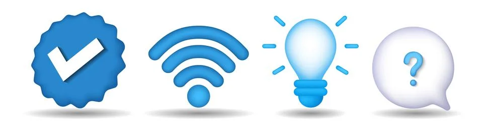 Set of glossy 3d verification, wireless connectivity, idea, and support icons Stock Illustration