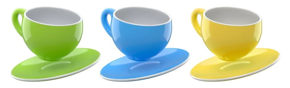 Set of glossy ceramic coffee cups with matching saucers isolated on white b.. Stock Illustration