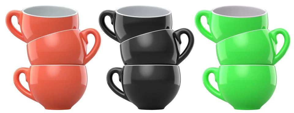 Set of glossy ceramic coffee cups with matching saucers isolated on white b.. Stock Illustration