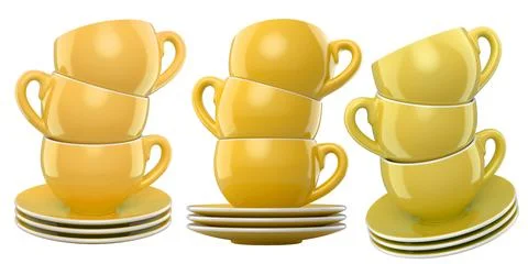 Set of glossy ceramic coffee cups with matching saucers isolated on white b.. Stock Illustration