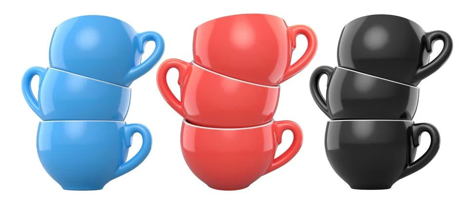 Set of glossy ceramic coffee cups with matching saucers isolated on white Stock Illustration