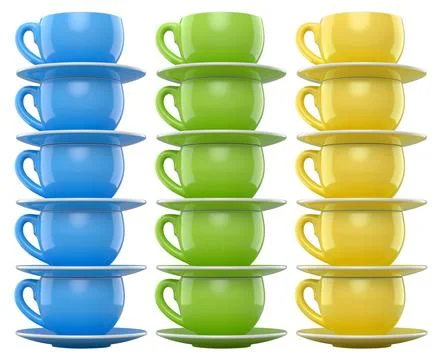 Set of glossy ceramic coffee cups with matching saucers isolated on white Stock Illustration