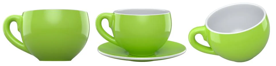 Set of glossy ceramic coffee cups with matching saucers isolated on white Stock Illustration