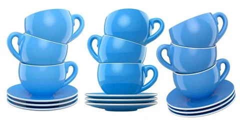 Set of glossy ceramic coffee cups with matching saucers isolated on white Stock Illustration
