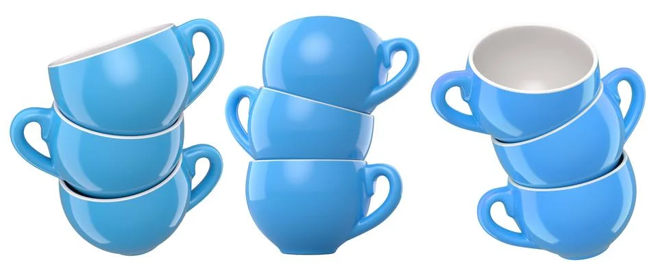 Set of glossy ceramic coffee cups with matching saucers isolated on white b.. Stock Illustration