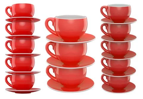 Set of glossy ceramic coffee cups with matching saucers isolated on white b.. Stock Illustration