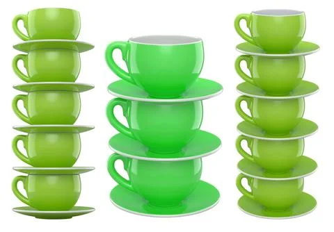 Set of glossy ceramic coffee cups with matching saucers isolated on white b.. Stock Photos