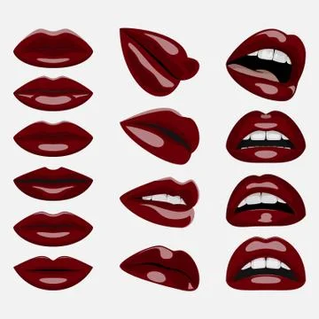 Set of glossy dark red Lips Stock Illustration