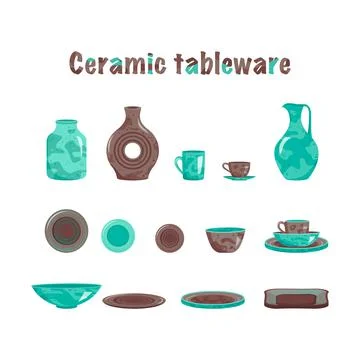 Set of glossy kitchenware ceramic dishes for home cooking, restaurant and cafe. Stock Illustration