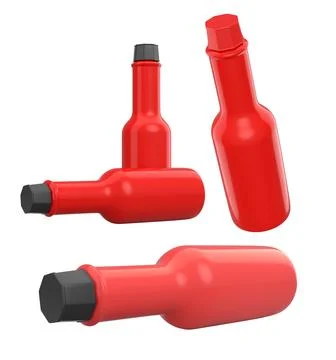 Set of glossy plastic sauce bottles with colorful caps, isolated on a white b Stock Illustration