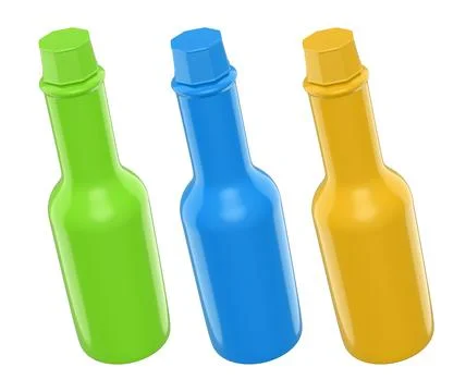 Set of glossy plastic sauce bottles with colorful caps, isolated on a white.. Stock Illustration