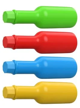 Set of glossy plastic sauce bottles with colorful caps, isolated on a white.. Stock Illustration