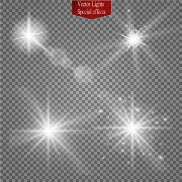 Set of glow light effect stars bursts with sparkles isolated on transparent Stock Illustration