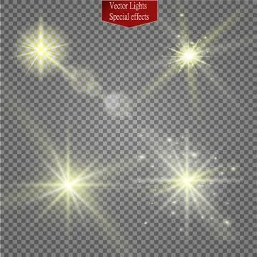 Set of glow light effect stars bursts with sparkles isolated on transparent Stock Illustration