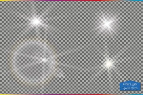 Set of glow light effect stars bursts with sparkles isolated on transparent Stock-Illustration
