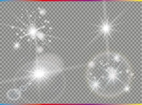 Set of glow light effect stars bursts with sparkles isolated on transparent Stock-Illustration