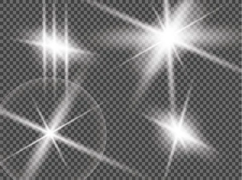 Set of glow light effect stars bursts with sparkles isolated on transparent Stock Illustration