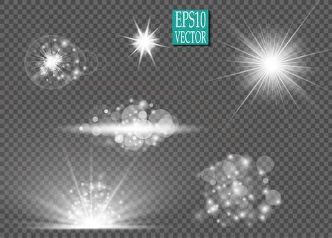 Set of glow light effect stars bursts with sparkles isolated on transparent Stock Illustration