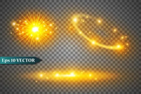 Set glow light effect with white sparks and golden stars shine with special Stock Illustration