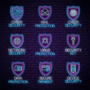 Set of glow neon computer secure technology signs. Internet protection glowin Stock Illustration