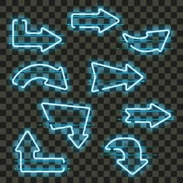 Set of glowing blue neon arrows Stock Illustration