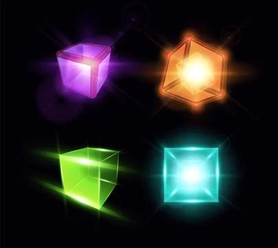 Set of glowing bright neon 3D cubes in blue, orange, pink and green with light Stock Illustration