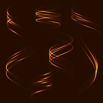 Set glowing gold wave lines with swirls, bright on dark background Stock Illustration