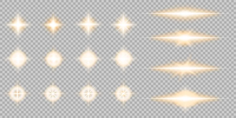 Set of glowing light flares, bursts, and horizontal streaks isolated on tra.. Stock Illustration