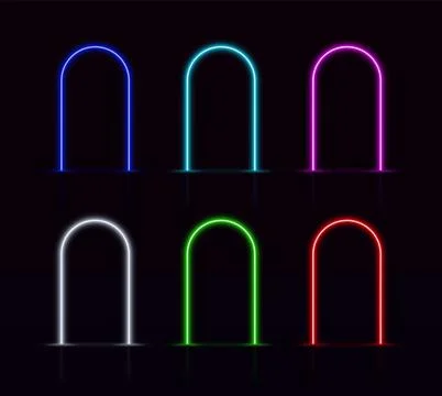 Set of glowing neon arched frames, different colors on a black isolated Stock Illustration