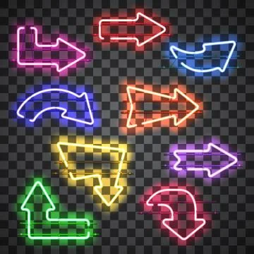 Set of glowing neon arrows with different colors Stock Illustration