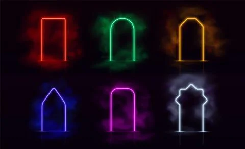Set of glowing neon frames, different shapes, bright colors, reflection effect 스톡 일러스트