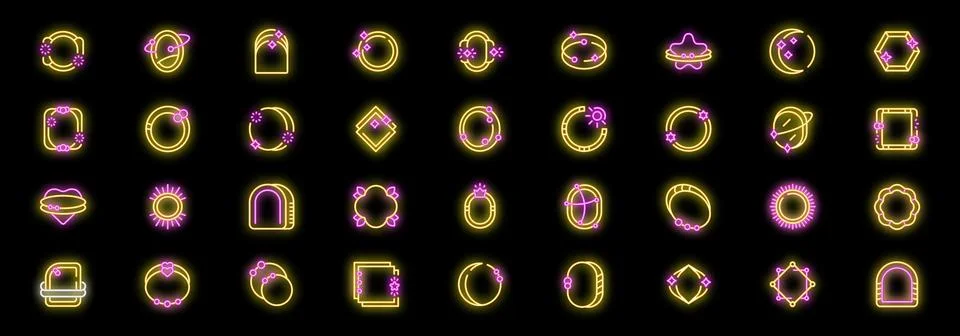 Set of glowing neon frames featuring celestial and geometric elements, adding Illustrazione stock