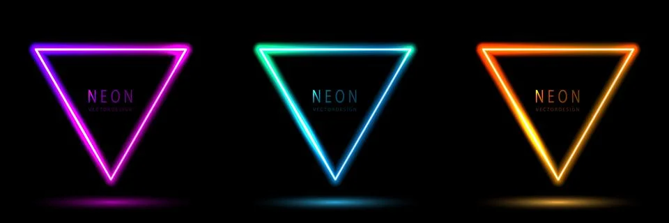Set of glowing neon triangle lighting lines pink-purple, blue-green, orange.. Illustration