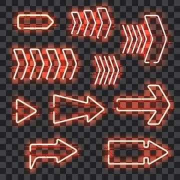 Set of glowing orange neon arrows Stock Illustration