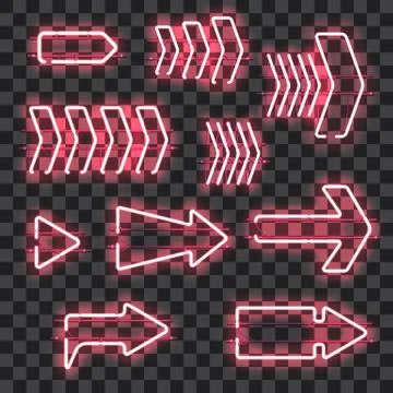 Set of glowing pink neon arrows Stock Illustration