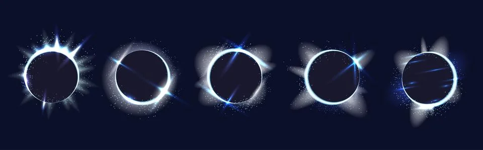Set of glowing silver rings with light, stars and blinks around Ilustración de archivo