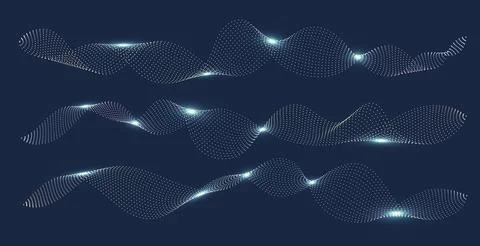 Set of glowing sound waves, abstract fluid shapes, dotted liquid figures. D.. Illustrazione stock