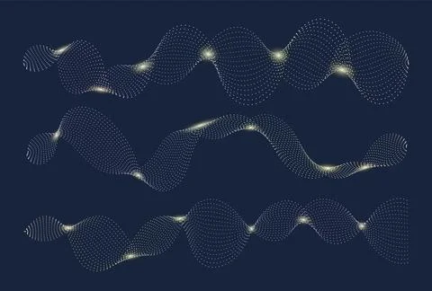 Set of glowing sound waves, abstract fluid shapes, dotted liquid figures. D.. Illustrazione stock