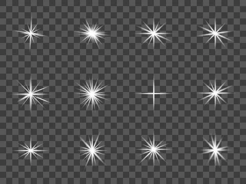 A set of glowing sparkle effects arranged on a transparent background, perfec Stock Illustration