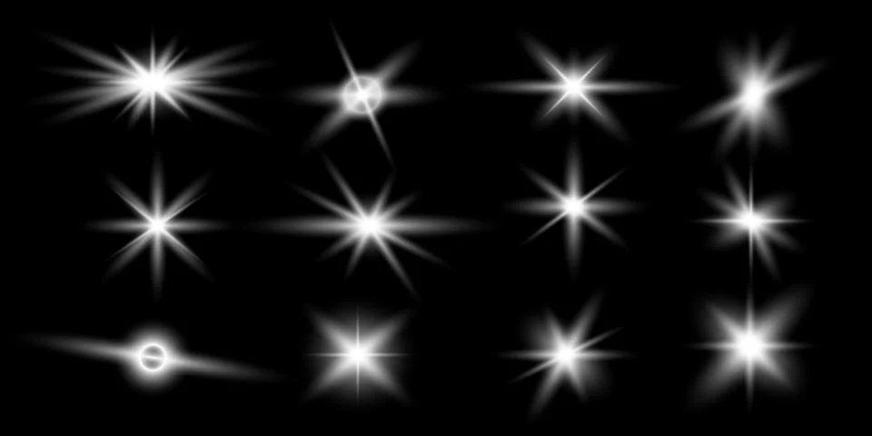 Set of Glowing star effect, vector abstract, shine, flare, isolated on black  Stock Illustration